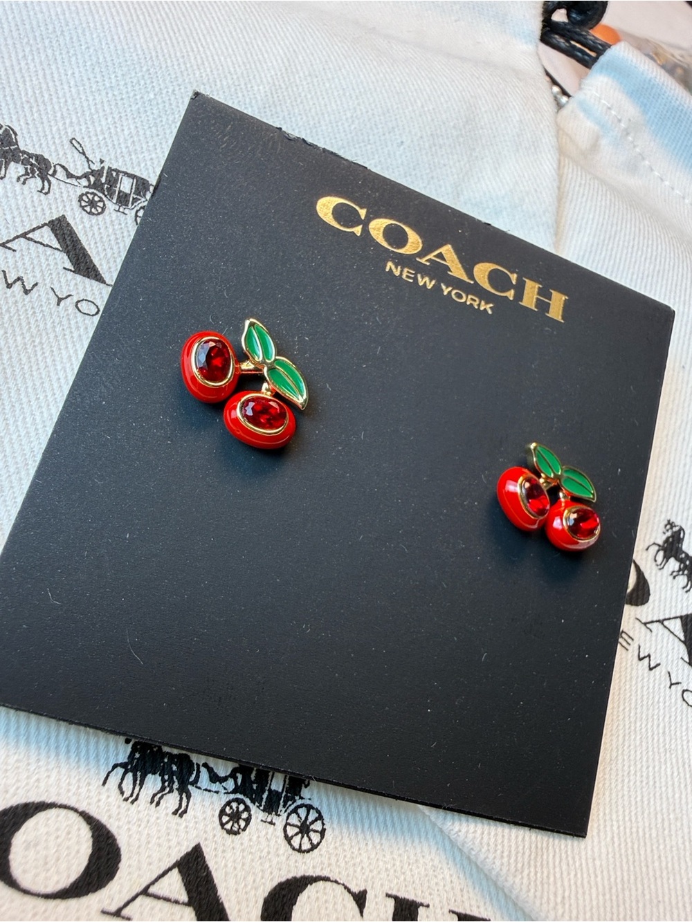 Coach Red Cherry Enamel Stud Earrings with Green Leaves - Picture 2 of 3